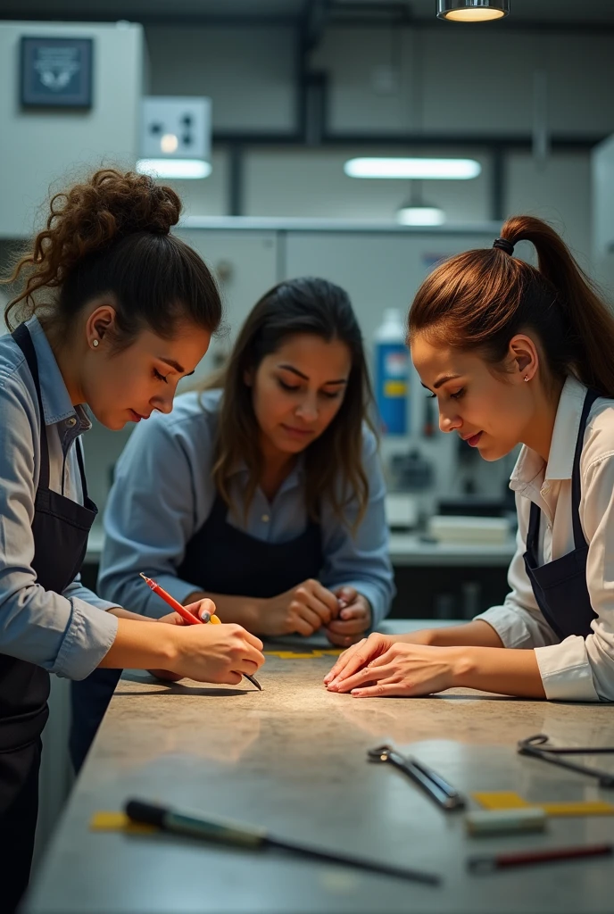 Generate a photo where a group of three women do work