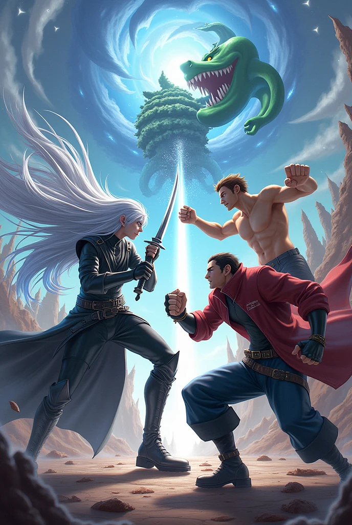Generate a picture with the next characters from super smash brothers: Sephiroth, Shulk, Piranha plant ans Terry
