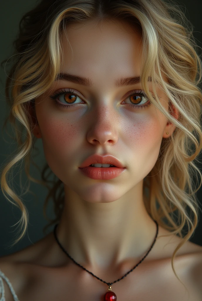 19 year old girl curly blonde hair big brown eyes, with a necklace with a red pearl