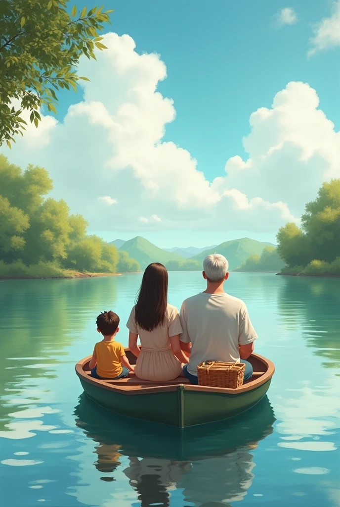 A man women and a boy and a girl in a boat