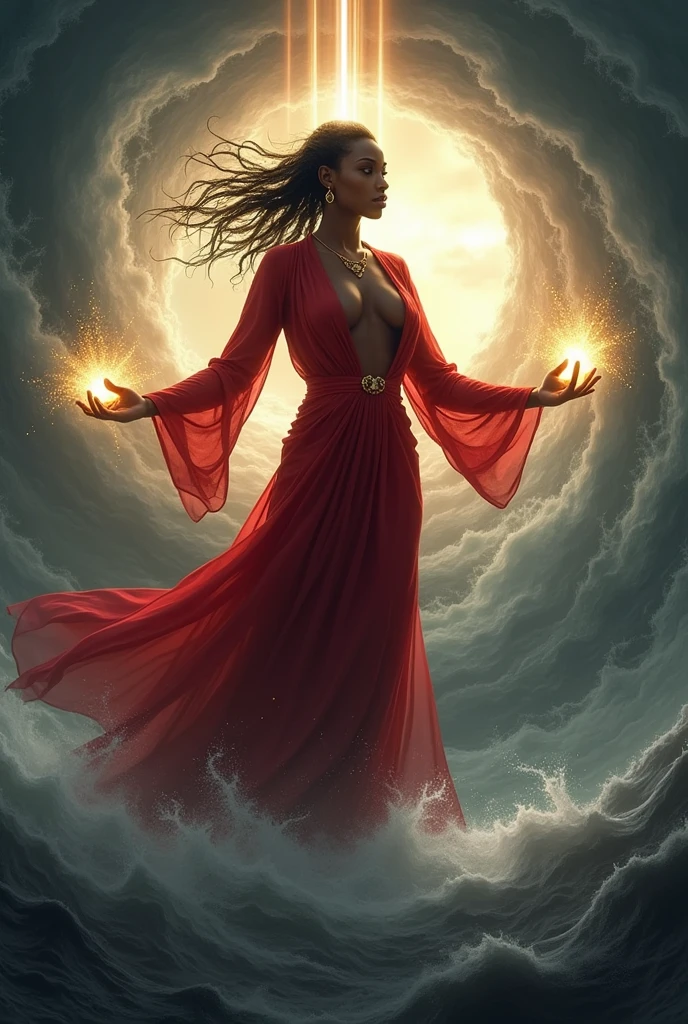 African goddess Iansã with red robe colors, flying inside a hurricane , in a Goddess pose, with rays passing through his back and coming out of his hands , 