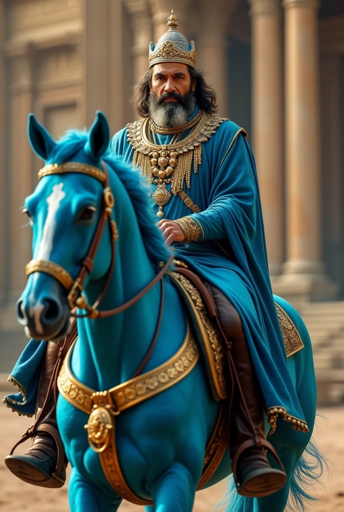 a man  sitting on a running blue hosre with wearing old golden jwellery and a cap of king out of an mahal