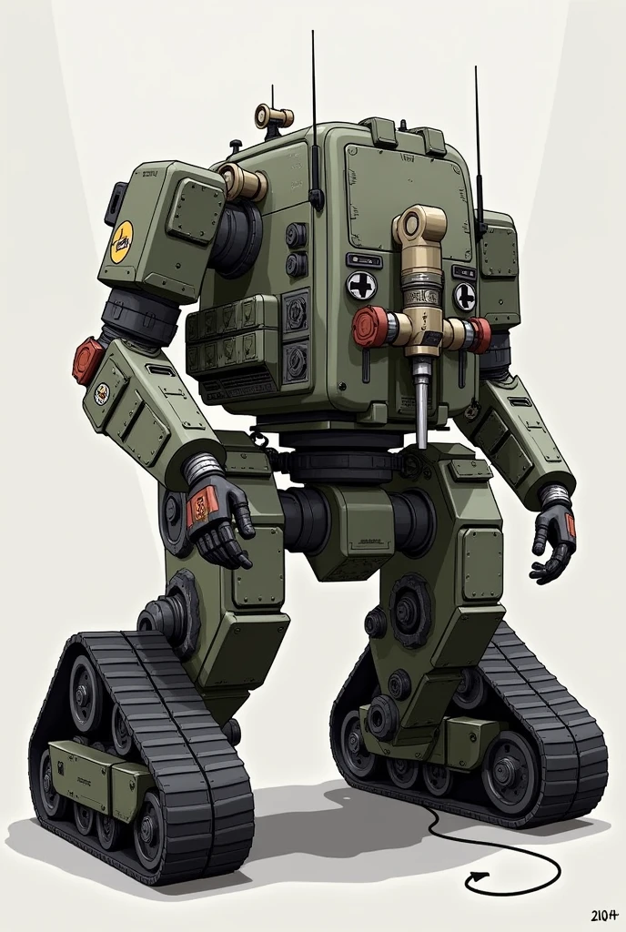 Design a bomb diffuser robot with a like a tank like chain wheels carrying drilling bit and lots of accessories to diffuse a bomb with an ai camera to analyze surroundings