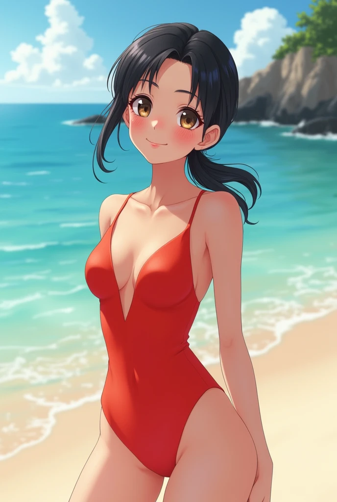girl、solo、、swimsuit one piece、seductive pose、smile、beach、Playing with the waves on the beach、