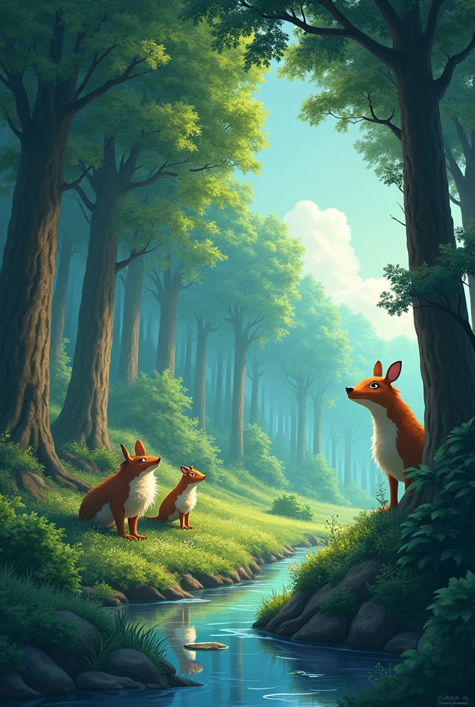 Viral anime nature wallpaper in 4K quality, in the style of digital illustration inspired by Hayao Miyazaki, featuring a serene forest with towering ancient trees, dappled sunlight filtering through the leaves, a gentle stream flowing through the scene, and mystical creatures peeking from behind the foliage; vibrant and warm color temperature, cosmos lighting with stars twinkling in the sky, no human characters, the atmosphere is tranquil and enchanting --v 5 --stylize 1000