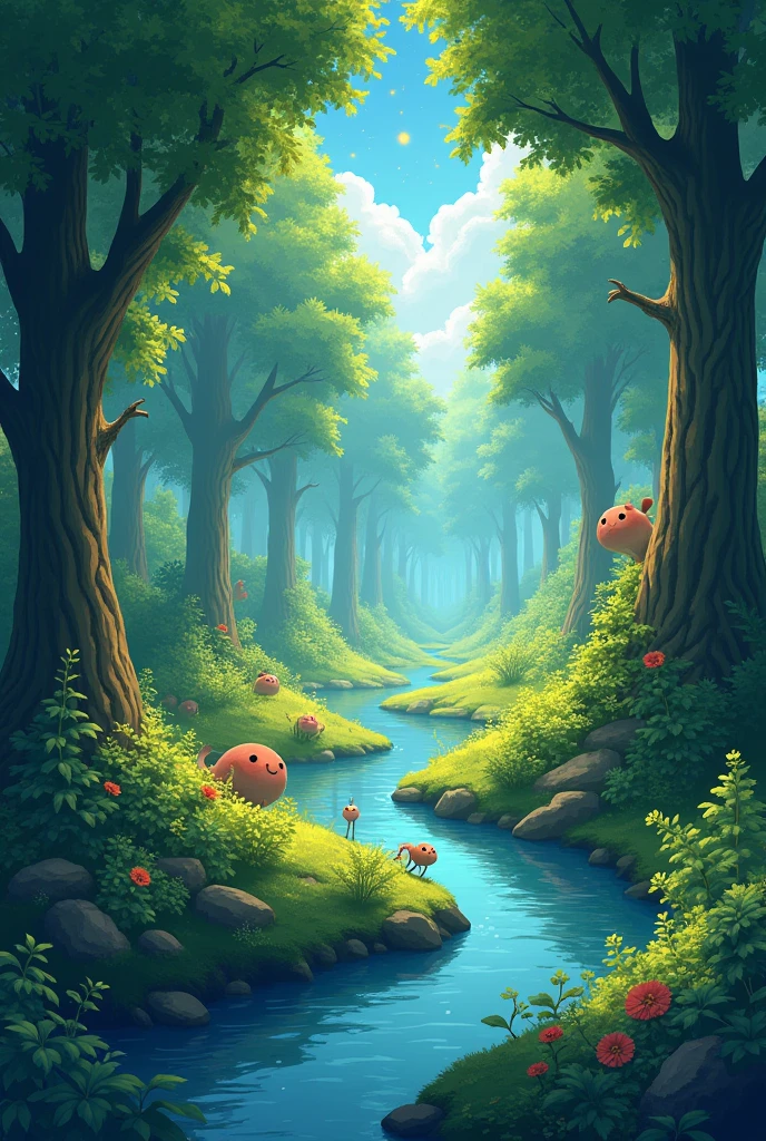 Viral anime nature wallpaper in 4K quality, in the style of digital illustration inspired by Hayao Miyazaki, featuring a serene forest with towering ancient trees, dappled sunlight filtering through the leaves, a gentle stream flowing through the scene, and mystical creatures peeking from behind the foliage; vibrant and warm color temperature, cosmos lighting with stars twinkling in the sky, no human characters, the atmosphere is tranquil and enchanting --v 5 --stylize 1000