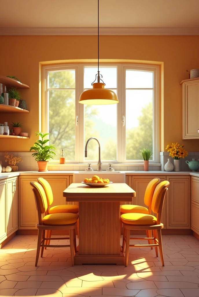 A kitchen with yellow furniture, a table in the center with four chairs