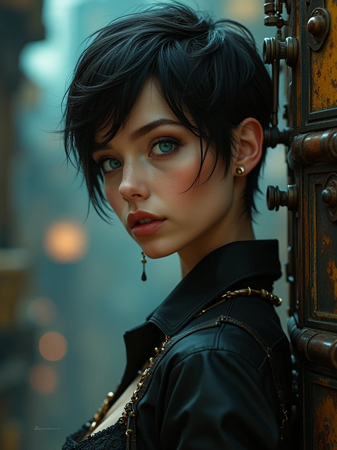 one Beautiful woman. Dark brown hair, pixie haircut. blue eyes. daring outfit. goth tomboy. maidenly charm. Dark sci-fi. Warhammer 40k. Dieselpunk. baroque oil painting.