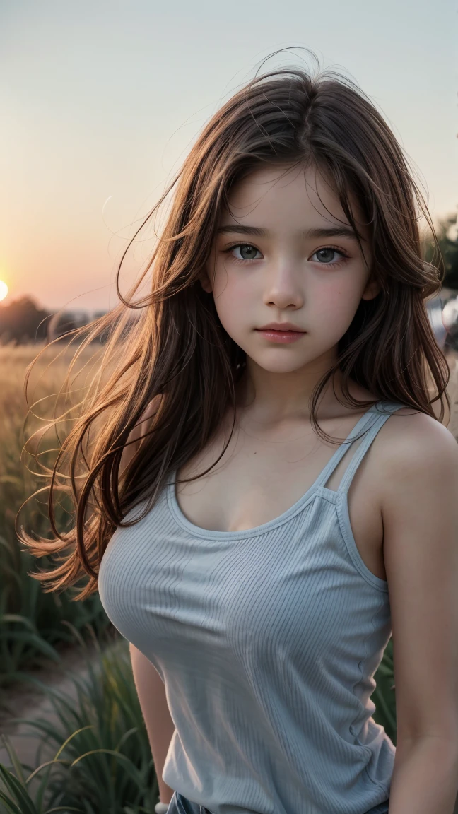 Close-up of a -yeld wo with a young and beautiful face., Big Breasts 1.2, Wearing an open-chested tank top, Walking in the Grass, sunset light, cinematic scene, UHD 