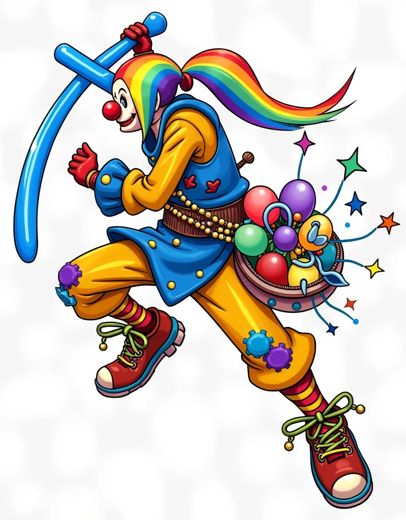 a dynamic and vividly colored character that combines the elements of a clown and a warrior. The character should have rainbow-colored hair tied back, wearing a yellow shirt with a blue vest adorned with various accessories like balloons. The character is wielding a blue balloon shaped like a sword in one hand. The pants should be red-and-yellow striped, and the shoes should be colorful with star patterns and unique laces. Include playful yet combative elements, such as a pouch filled with balloons, and ensure the character strikes an energetic and fierce pose, blending the whimsical nature of a clown with the intensity of a warrior