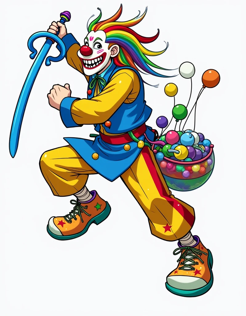 a dynamic and vividly colored character that combines the elements of a clown and a warrior. The character should have rainbow-colored hair tied back, wearing a yellow shirt with a blue vest adorned with various accessories like balloons. The character is wielding a blue balloon shaped like a sword in one hand. The pants should be red-and-yellow striped, and the shoes should be colorful with star patterns and unique laces. Include playful yet combative elements, such as a pouch filled with balloons, and ensure the character strikes an energetic and fierce pose, blending the whimsical nature of a clown with the intensity of a warrior