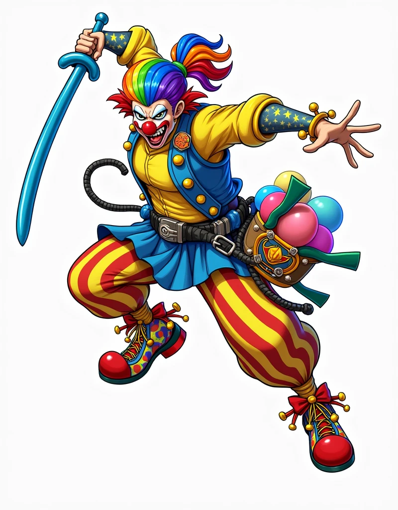 a dynamic and vividly colored character that combines the elements of a clown and a warrior. The character should have rainbow-colored hair tied back, wearing a yellow shirt with a blue vest adorned with various accessories like balloons. The character is wielding a blue balloon shaped like a sword in one hand. The pants should be red-and-yellow striped, and the shoes should be colorful with star patterns and unique laces. Include playful yet combative elements, such as a pouch filled with balloons, and ensure the character strikes an energetic and fierce pose, blending the whimsical nature of a clown with the intensity of a warrior