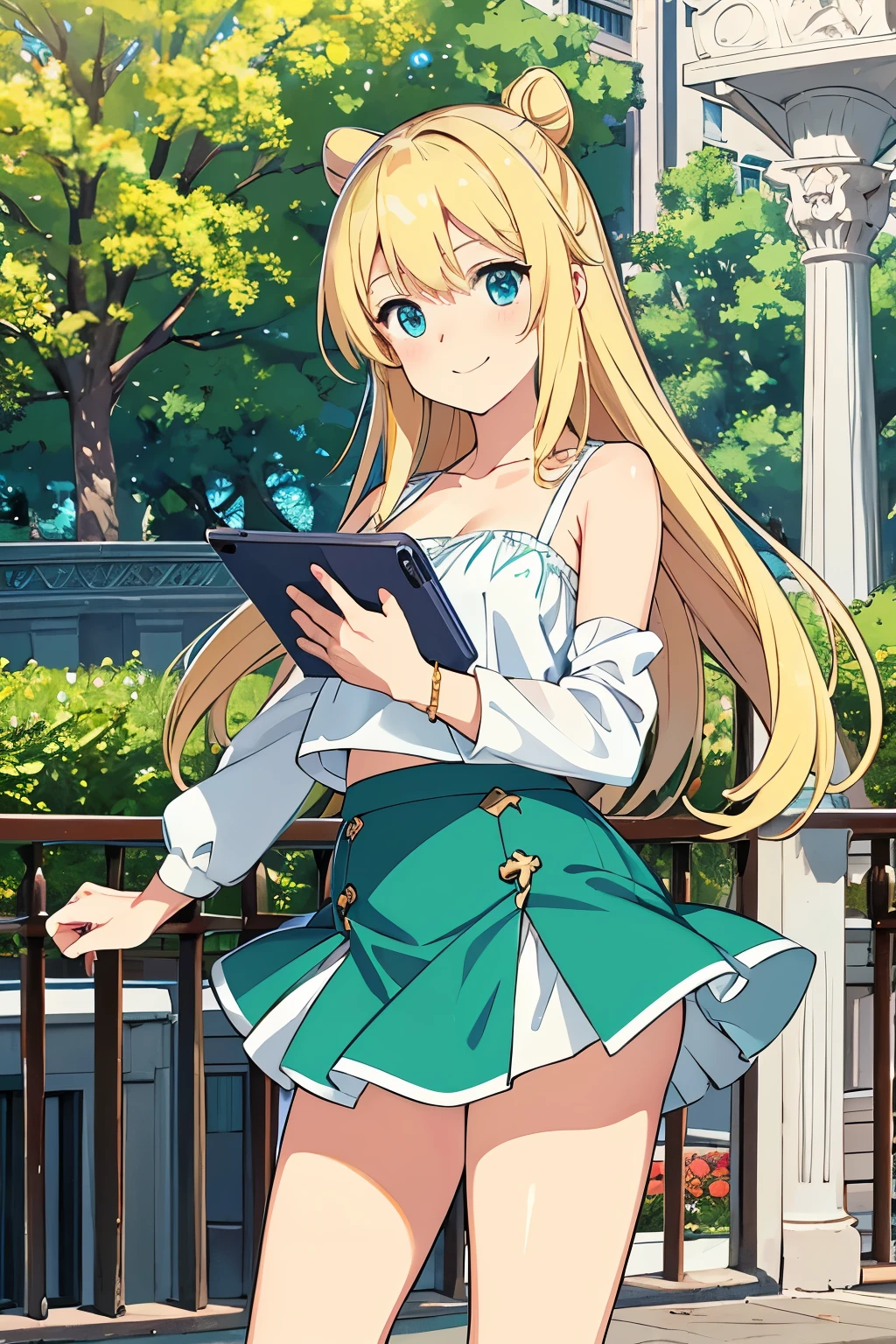 Highest quality, 1 beautiful girl, Two buns, Long blonde hair, blue eyes, Outdoor, Cowboy Shot, Hold a smartphone in one hand, Anime, Small breasts, White camisole & Green miniskirt, Large bronze statue(Male teacher)In a park with, smile, 
