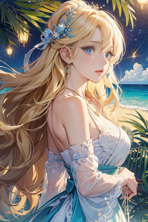 (masterpiece、Highest quality、8k、High resolution)、(The best beautiful girl)、Best Style、(The most beautiful face)、Clear skin、Clean blue eyes、Beautiful lips、Beautiful nose、Blonde Hair、Ample breasts、Walking on the sand、look back、Ocean、You can see the forest、A bright night with stars visible、Beautiful starry sky、milky way、(体whole bodyから神秘的な光の粒子、Colorful Light)、The face looks beautiful、(jewelry、necklace)、dress、(whole body)、Highly detailed anime art、A complete portrayal、