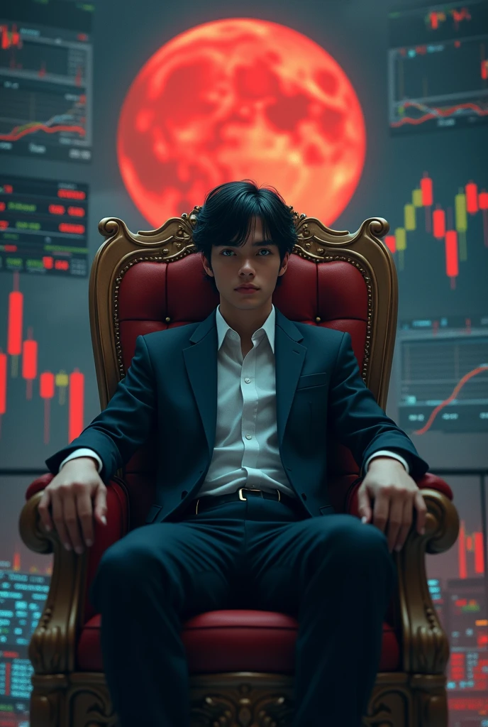 high détail, Clarity, 10 kkk, Throne of graph, young investor, Suit, dark straight hair, shorth hair, greeneyes, with red moon behind, stock market charts, 真实感, 4K