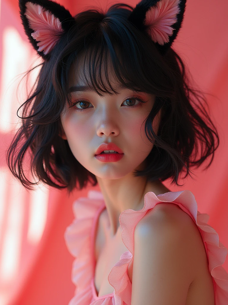 real photograph, (masterpiece), (highest quality), (Super detailed), (messy hair), (shape), (one japanese girl), (chiffon frill bikini), cat ear, sitting down, Fashion Model, (simple cyaan pink red background), fine and beautiful eyes, pretty faced, floating, (high color saturation), focus on face, black bob cut hair, floating Hairs, (shining), best writing, best shadow,