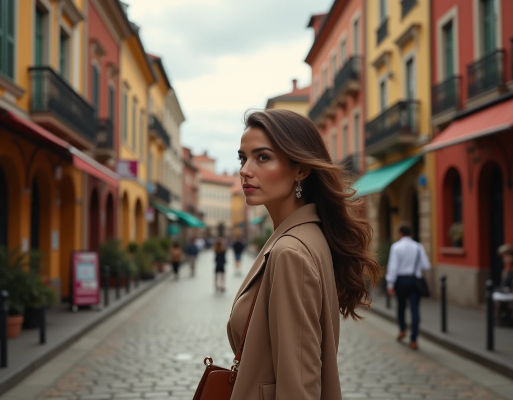 a woman walking down a street, left side profile view, carrying a bag in left hand, detailed facial features, beautiful eyes, detailed nose and lips, flowing hair, photorealistic, masterpiece, 8k, ultra-detailed, realistic lighting, vibrant colors, urban environment, detailed architecture, cobblestone street, overcast sky, warm lighting
