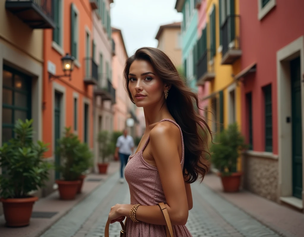 a woman walking down a street, left side profile view, carrying a bag in left hand, detailed facial features, beautiful eyes, detailed nose and lips, flowing hair, photorealistic, masterpiece, 8k, ultra-detailed, realistic lighting, vibrant colors, urban environment, detailed architecture, cobblestone street, overcast sky, warm lighting