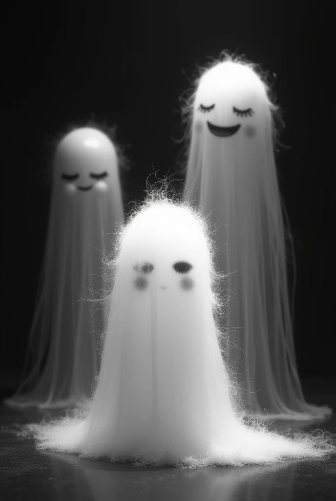 "On a black and white background, an ethereal spectrum stands in the foreground, with a soft and fuzzy appearance. Behind him, There are two additional spectra: One of them has a friendly smile, with bright eyes that transmit warmth, while the other is faceless, showing only a dark and mysterious shadow. The atmosphere is intriguing and a little disturbing., with a play of light and shadow that highlights the presence of these supernatural beings."