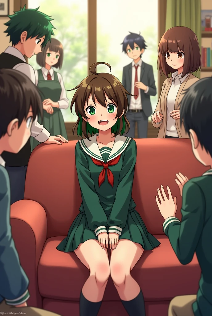 A brown-haired girl with green locks and green eyes in the MHA uniform talking on a sofa with the characters from my hero academia 


