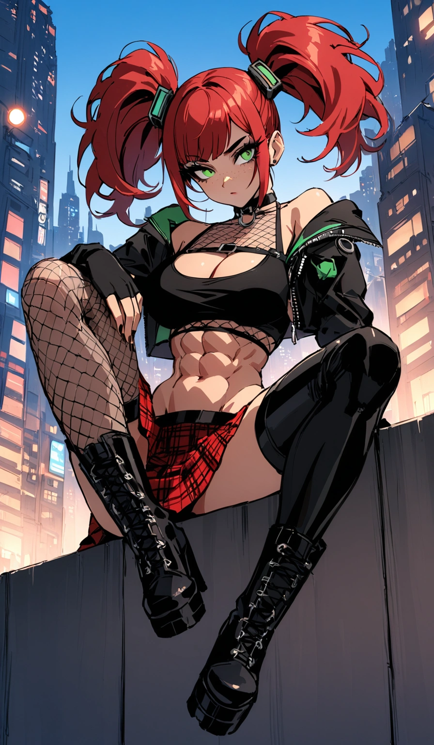 woman, stoic, curly red hair in pig tails, green eyes, black eyeshadow, wearing crop top black shirt, long black jacket, red plaid skirt, black knee high boots, black fingerless gloves, exposed shoulders, large breasts, freckles, abs, cleavage, looking down at viewer, masterpiece, best quality, Holo-Punk Style, cityscape, make up, eyelashes, fish net undershirt, fish net stockings, (full body), legs crossed