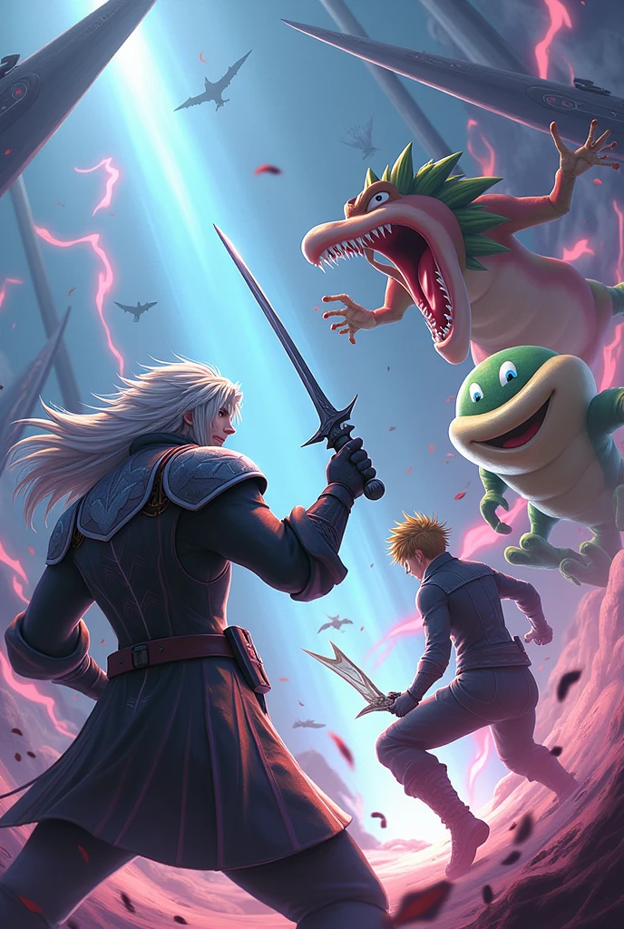 Generate a picture with the next characters from super smash brothers: Sephiroth, Shulk, Piranha plant and Terry