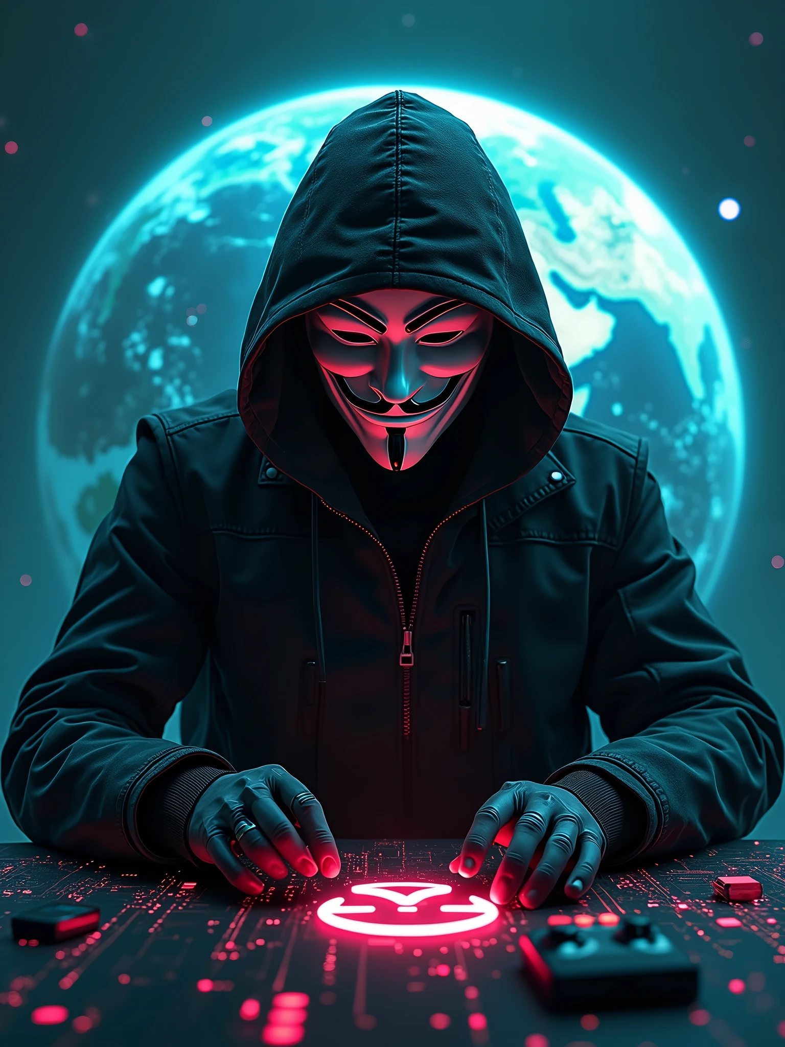 cyberpunk hacker wearing guy Fawkes masks gaming logo, mascot, background earth planet  -imagine -