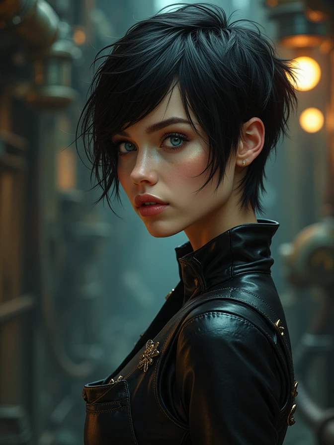 one Beautiful woman. Dark brown hair, pixie haircut. blue eyes. daring outfit. goth tomboy. maidenly charm. Dark sci-fi. Warhammer 40k. Dieselpunk. baroque oil painting.