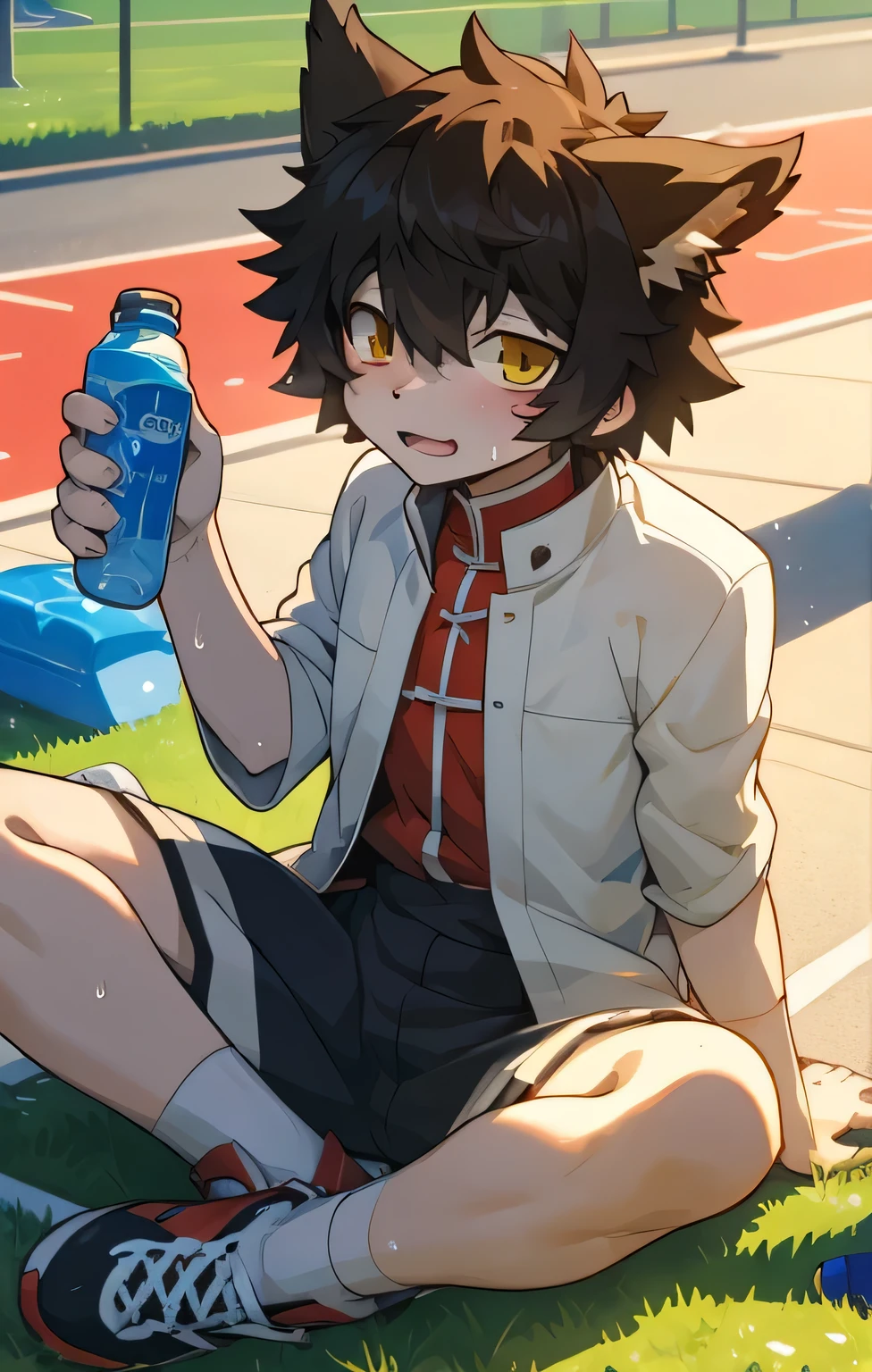 Aak,Sitting,masterpiece,On the playground ground,Anime style,4k HD style,Looking at the audience,face,Open your legs,Sweating,Holding water bottle
