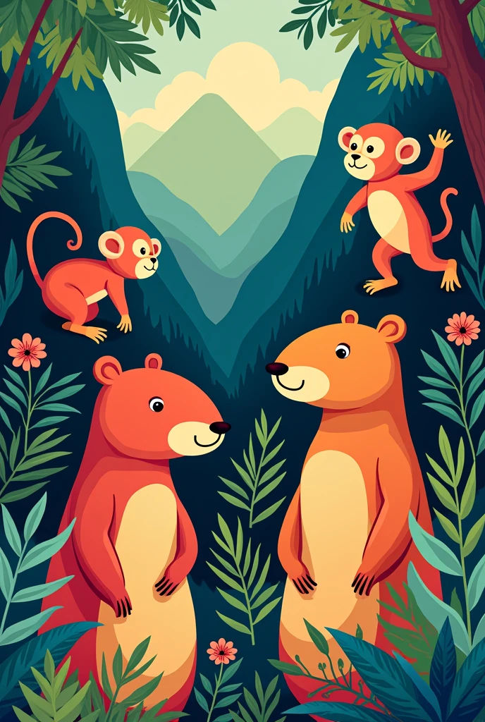A fun colorful image of Brazilian fauna and flora with capybaras and monkeys, but with simple designs