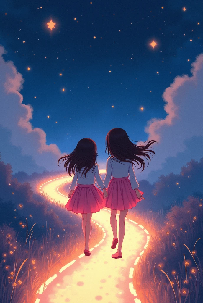 (twogirls, twin sisters,  pink knee-length skirt, white blouse, dark brown hair, one with long hair the other up to her shoulders, Same height) a night scene full of wonders. Add a starry sky with smiling stars. a magical road, night journey of the characters. Use a palette of soft and vibrant colors to create a cheerful and magical environment, Perfectly suitable for children. Let your creativity flow and capture the sense of adventure and mystery.