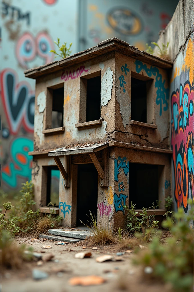 Diorama of abandoned property, with graffiti, graffiti, windowless two-story