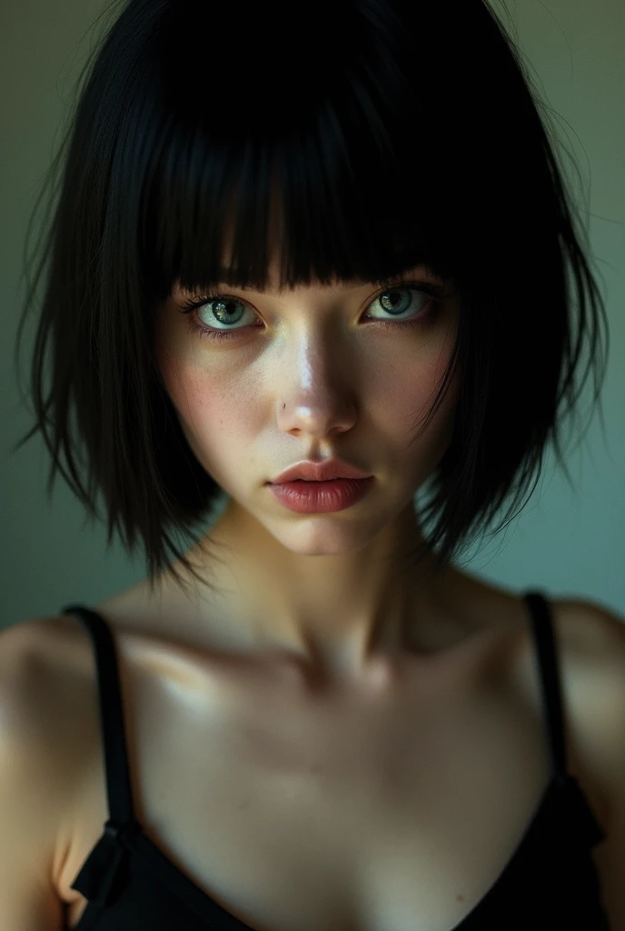 photo of a young 1 pale woman, black bob haircut, scene girl teenager,  , from below, finely detailed skin, rim lighting, hard lighting, , (RAW photo:1.2), (best quality:1.4), (high quality:1.4), (masterpiece:1.2), (realistic:1.3), (photo-realistic:1.4), ultra-detailed, (grainy:0.4) [full body]
