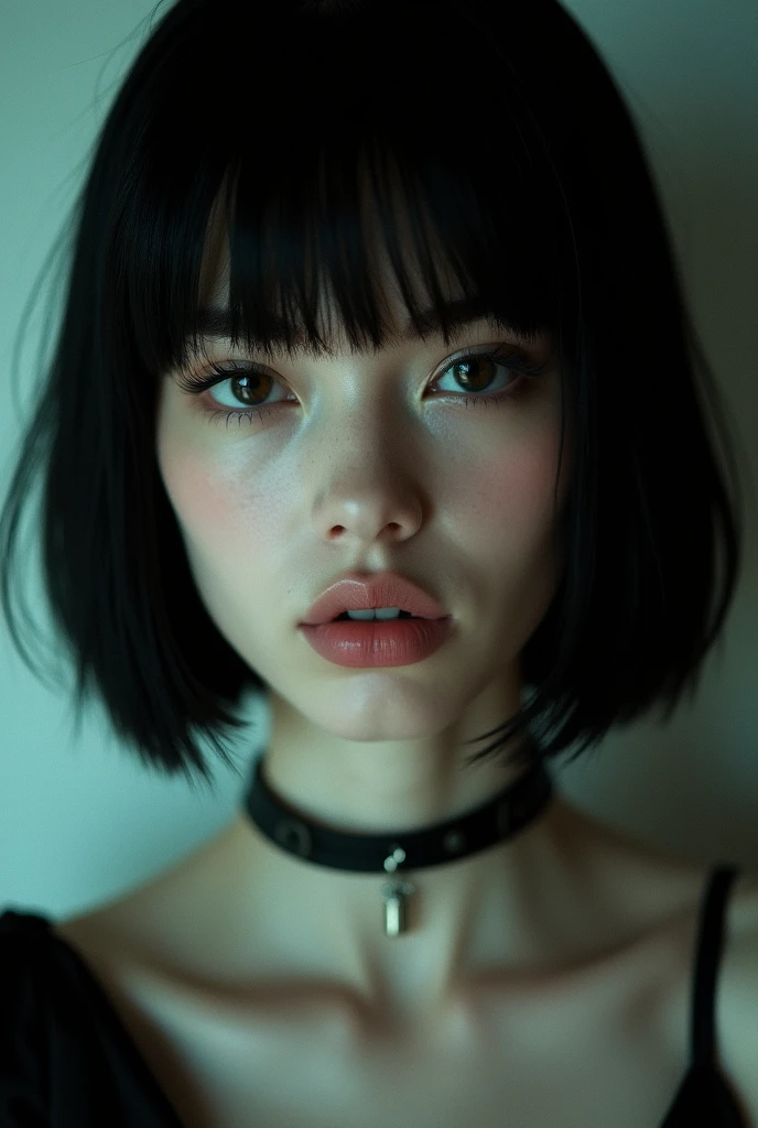 photo of a young 1 pale woman, black bob haircut, scene girl teenager,  , from below, finely detailed skin, [full body]
