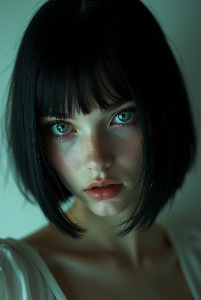 photo of a young 1 pale woman, black bob haircut, scene girl ager,  , from below, finely detailed skin, rim lighting, hard lighting, , (RAW photo:1.2), (best quality:1.4), (high quality:1.4), (masterpiece:1.2), (realistic:1.3), (photo-realistic:1.4), ultra-detailed, (grainy:0.4) [full body]
