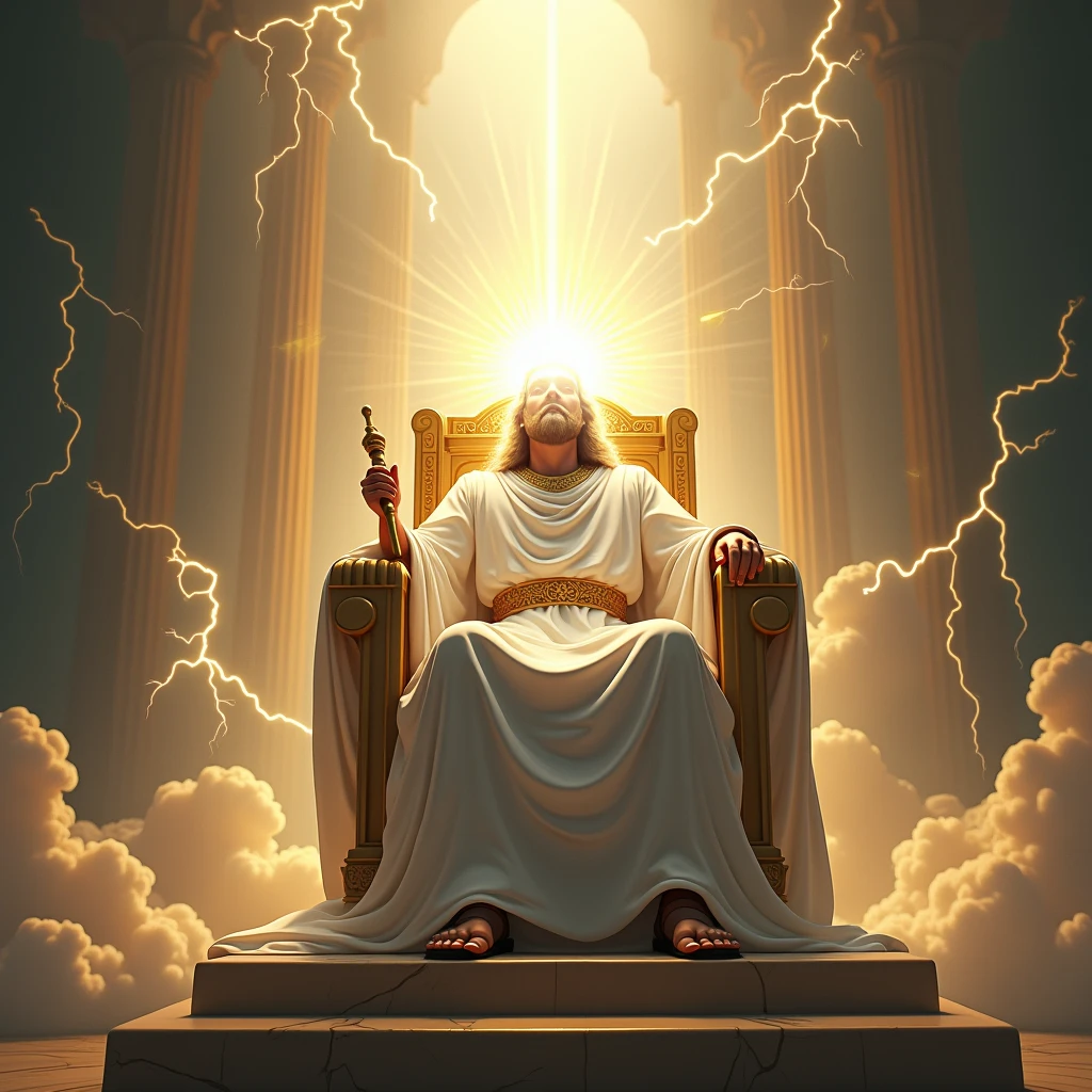 Make an ultra-realistic drawing, cinema picture, 4K resolution 1080px1025 A mighty throne of a king in heaven and a man in white robes sitting on it with a golden belt around his waist and Roman sandals. He holds a golden scepter in his hands, his face can't be seen, for a strong powerful light came out and said the throne and from it also came lightning bolts and thunder and an immense face. He seems to be very powerful, if he were God. however, his face can't be seen put a strong light coming out of his face, because no one can see the face of God. In place of the head, put a big ball of light.