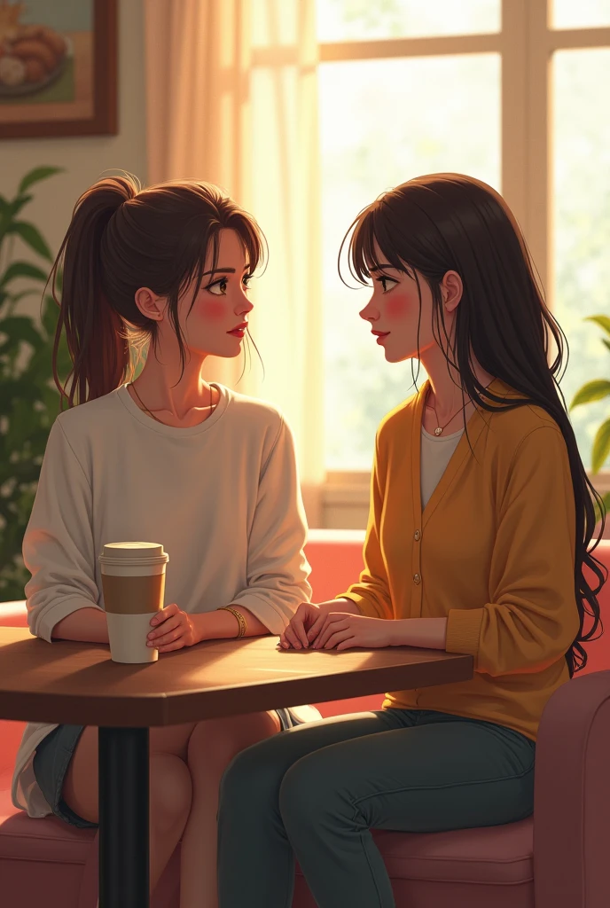 Two girl seated and talk with each other