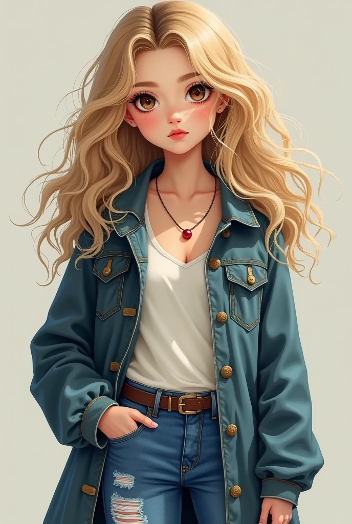 19 year old girl curly blonde hair big brown eyes, with a necklace with a red pearl, denim coat, ripped blue jeans