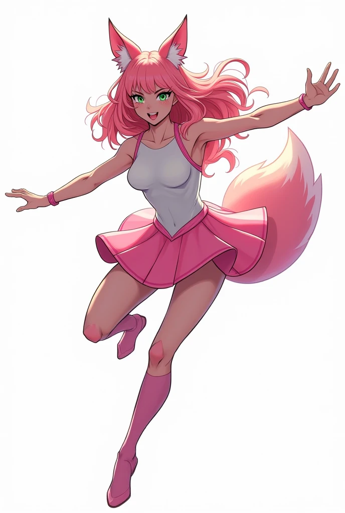 A girl with long wavy pink hair, pink fox ears and green eyes posing for a photo wearing a superhero uniform. A tight white and pink sleeveless leotard, a short pink layered skirt. The uniform highlights power and femininity. 
Posing for a photo as if he were flying with kitsune powers. 
white background. 
Comic book 2d style. 