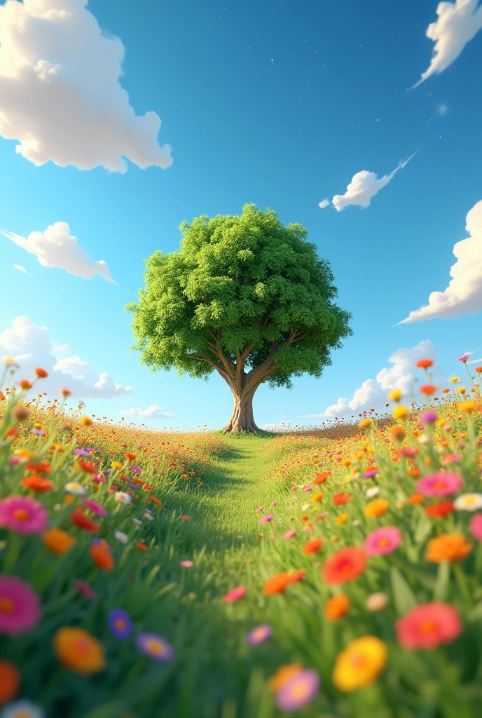 Viral anime nature wallpaper in 4K quality, in the style of Pixar 3D inspired by Toy Story, showcasing a lush meadow filled with colorful wildflowers, a clear blue sky with fluffy clouds, and a single majestic tree standing in the middle; bright and cheerful color temperature, cosmos lighting with stars twinkling in the sky, no human characters, the atmosphere is whimsical and joyful --v 5 --stylize 1000