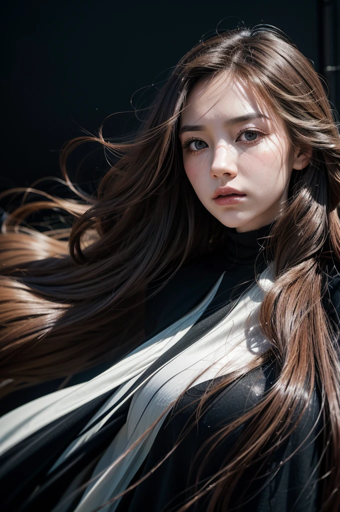 a woman with long wild hair on a windy day, in the style of toy camera effects, haunting elegance, frozen movement, captivating gaze, voigtlander bessa r2m, black paintings, new york school --ar 71:128 --stylize 750 --v 6