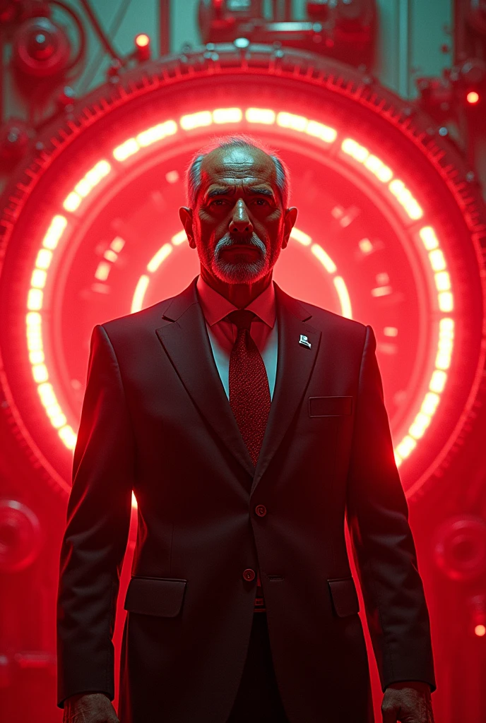 Miguel de la Madrid with a futuristic reactor filling with red energy, white and green all neon colors