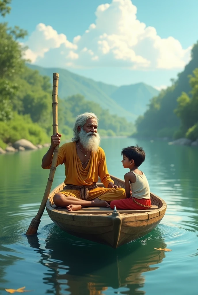 A Indian man and a boy in a boat
