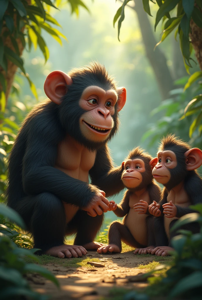 adult ape, With a satisfied smile, enseña a los demás words sencillas para objetos y acciones. The group begins to understand and use these "words" primitives.