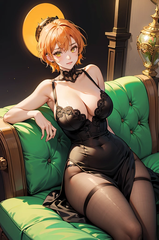 a girl with short orange hair,yellow eyes,cute expression, green one-piece lingerie and stockings,fantasy anime style, sitting on sofa, elegant,charming, big breasts, big hips, hourglass figure