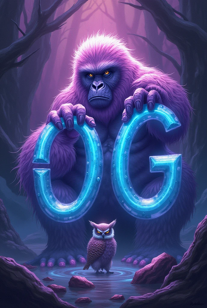Tribe written in purple and OG written in blue with an owl and a gorilla