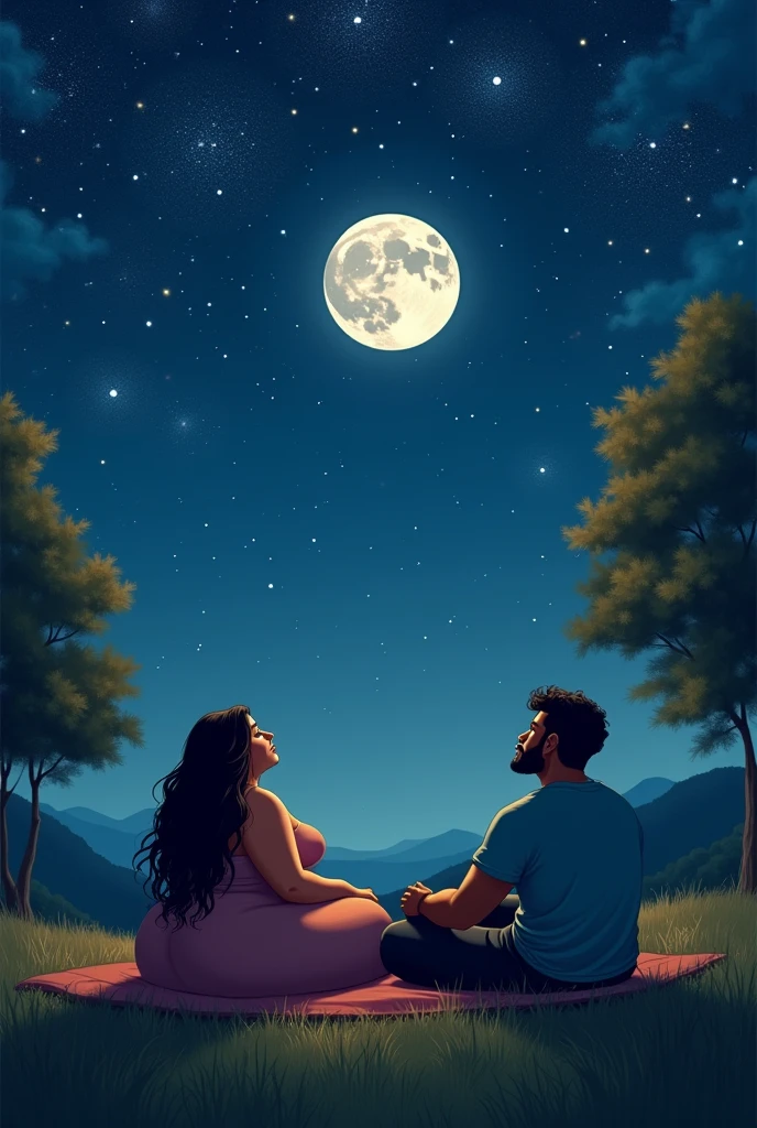 Fat long haired woman and a black American man sitting on the grass looking at the sky full moon and stars