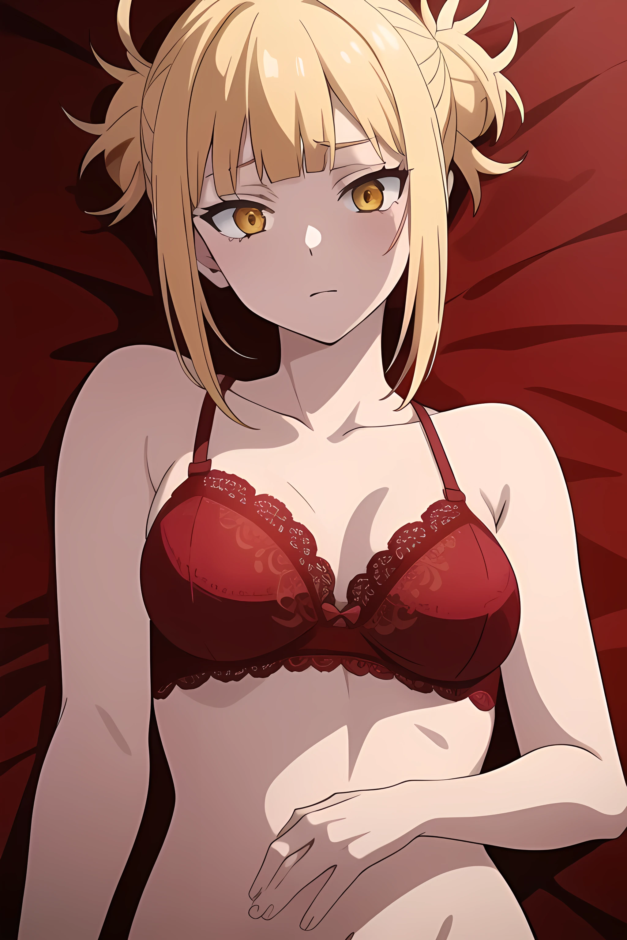 1girl, solo, female, blonde hair, yellow eyes, glowing eyes, toga himiko, red bra, red lace bra, upper body, no cloth, no clothing, only lingerie, red lace lingerie.