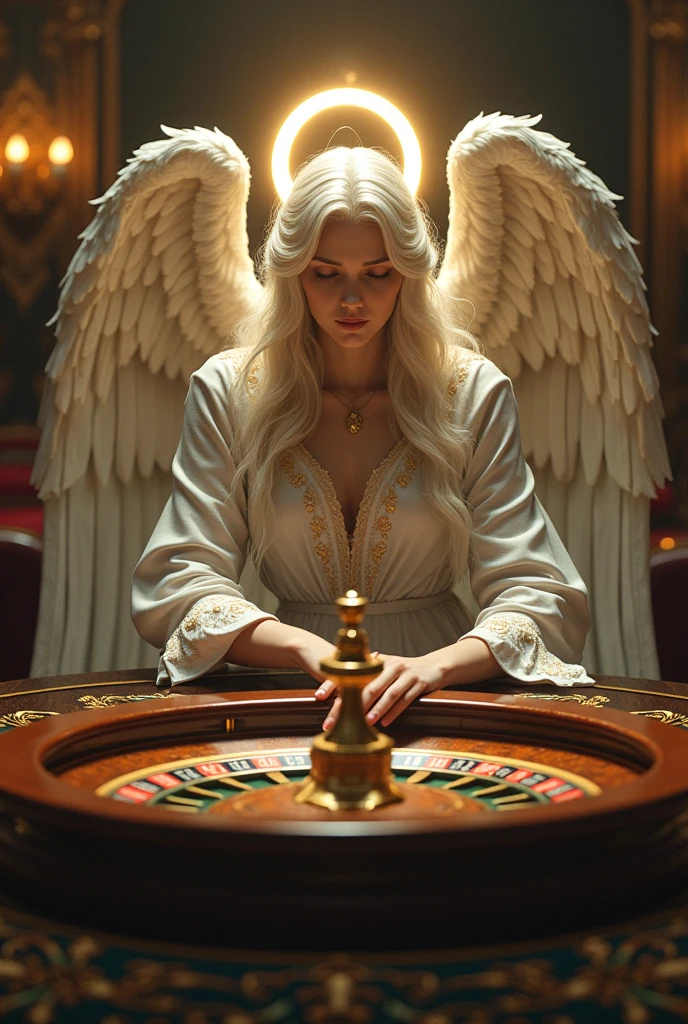 Create an image of an angel playing roulette