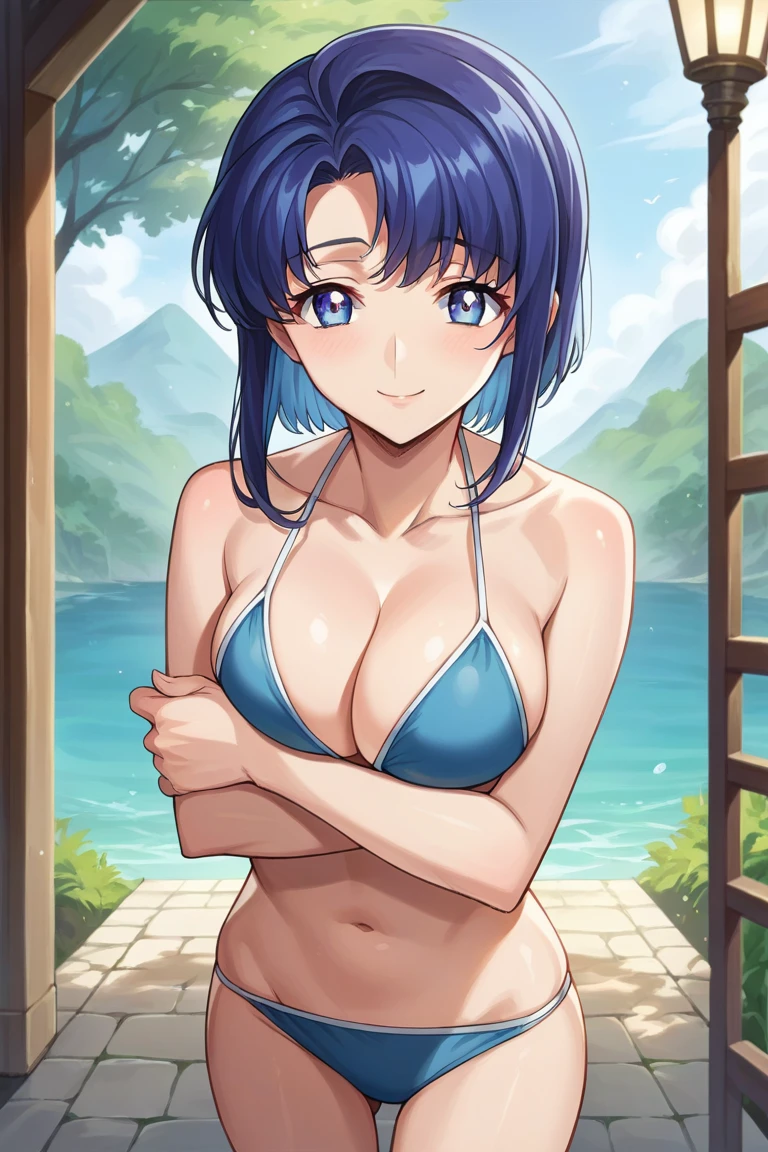 score_9, score_8_up, score_7_up, score_6_up, score_5_up, score_4_up, rating_questionable, , source_anime, digital illustration, pixiv, fanbox, official art, BREAK, 
1girl, solo, female, cecile croomy, blue hair, blue eyes, short hair, long sidelocks, light smile, 
large breasts, light blue bikini, breast hold, outdoors, cowboy shot, looking at viewer, colorful, vivid, 